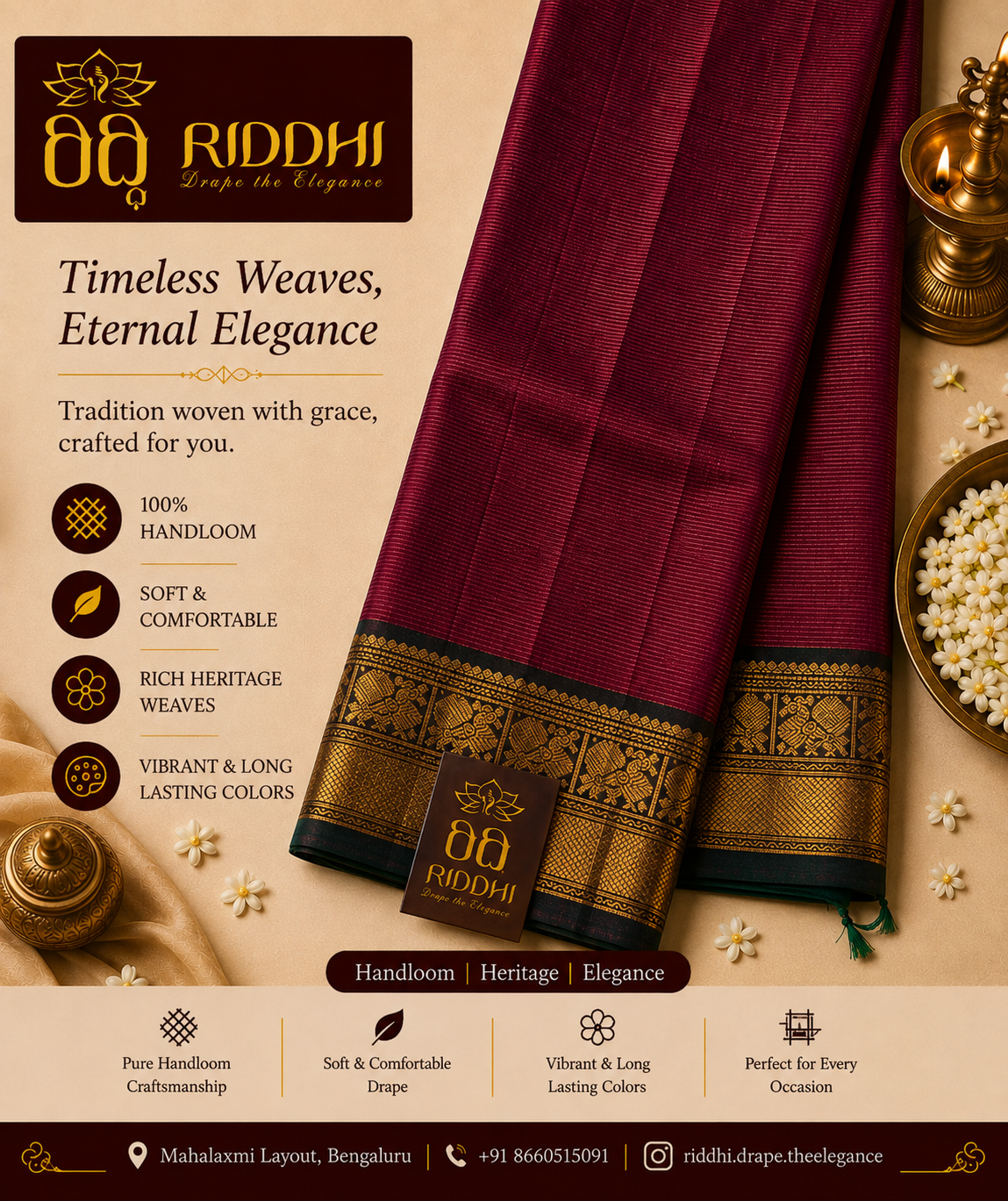 Wine & Gold Handloom Saree with Traditional Temple-Inspired Zari Border