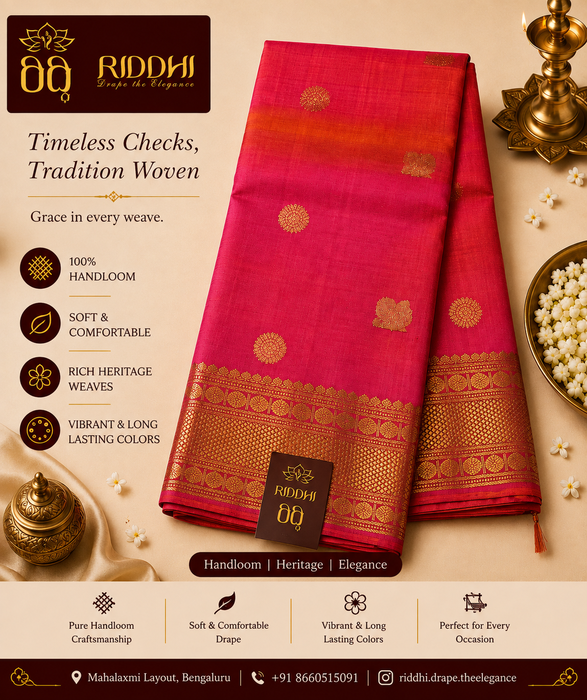 Pink & Red Handloom Saree with Rich Gold Zari Border – Heritage Elegance