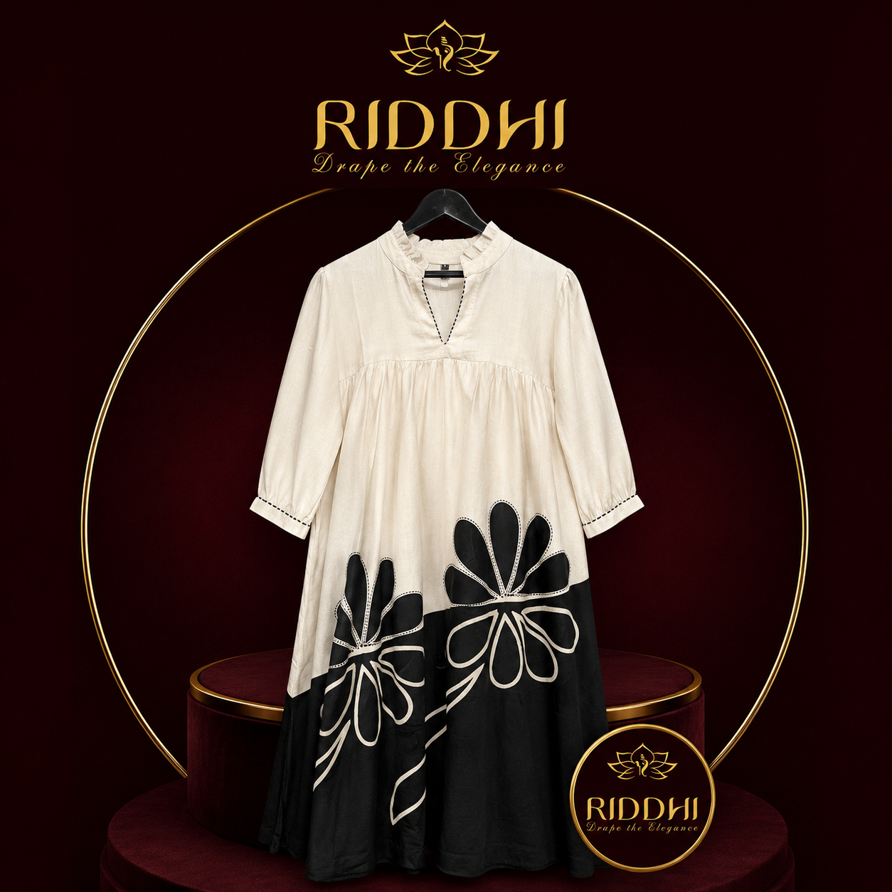 Ivory & Black Floral Applique Short Kurti
