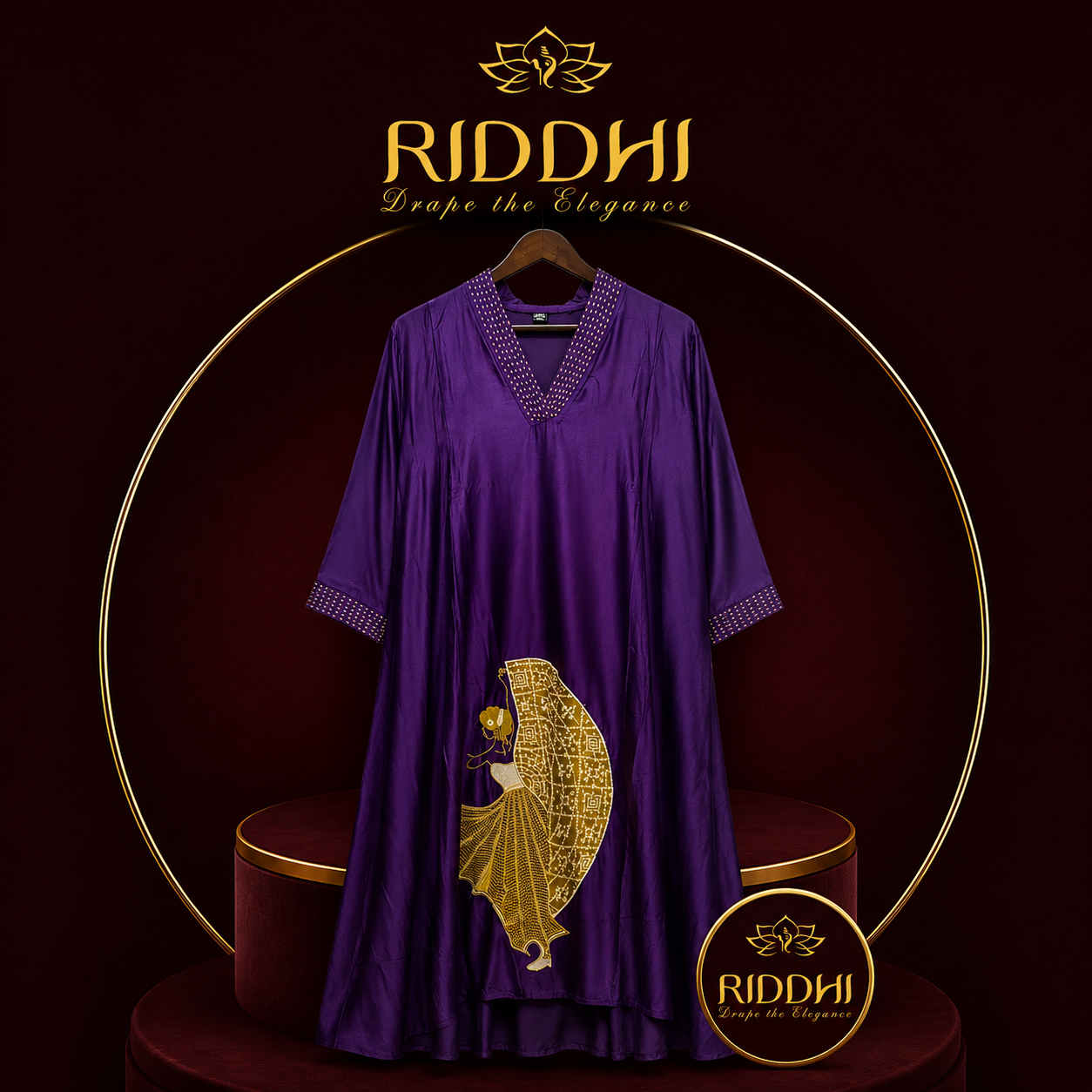 Royal Purple Long Kurti with Gold Dancer Motif