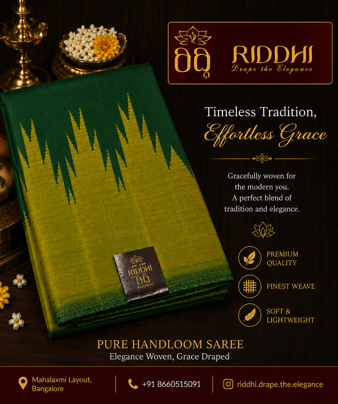 A stunning deep green and lime-gold handloom saree