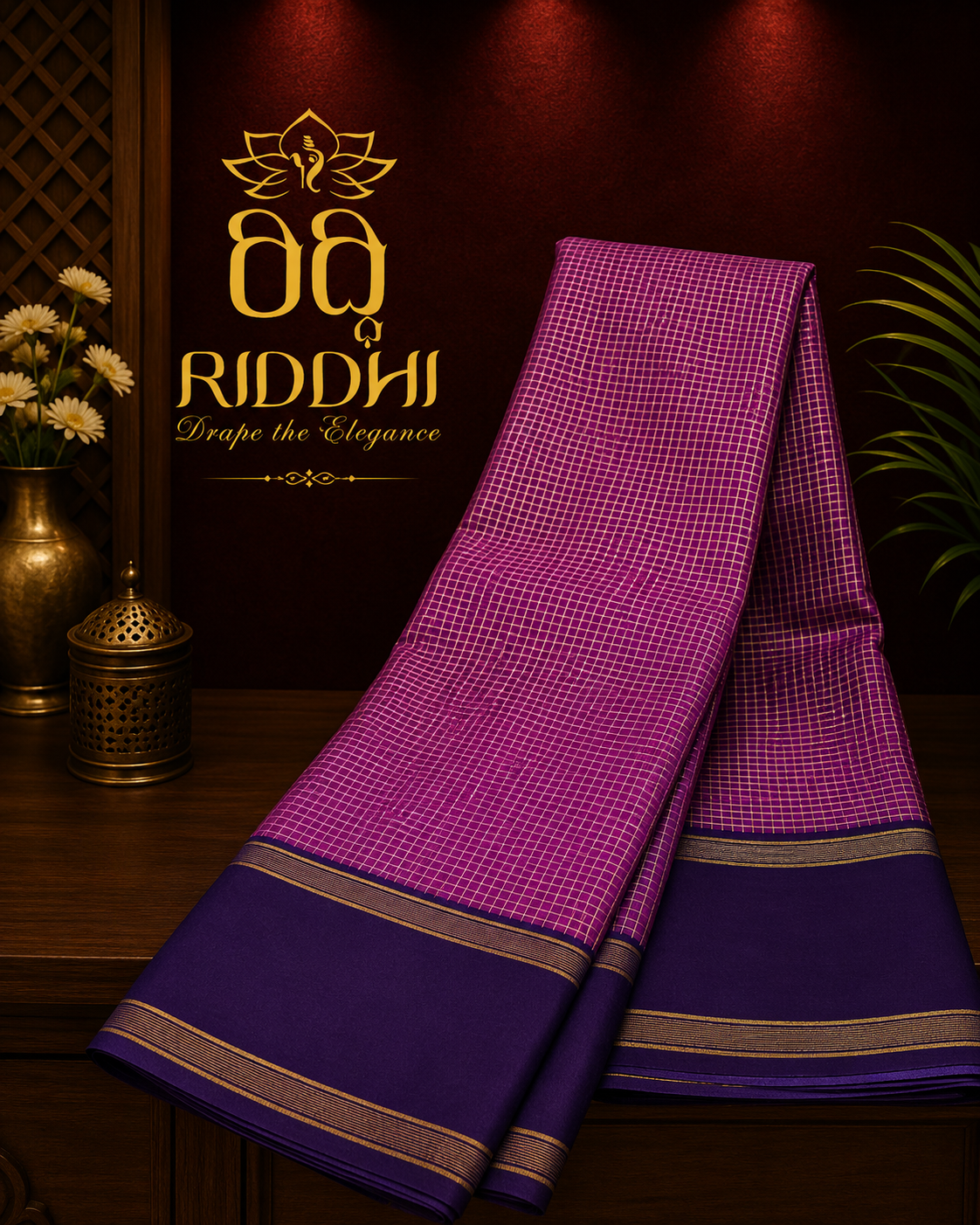 Radiate timeless elegance with this rich magenta Kanchivaram-inspired saree, beautifully adorned with delicate gold checks and a regal deep violet zari border.