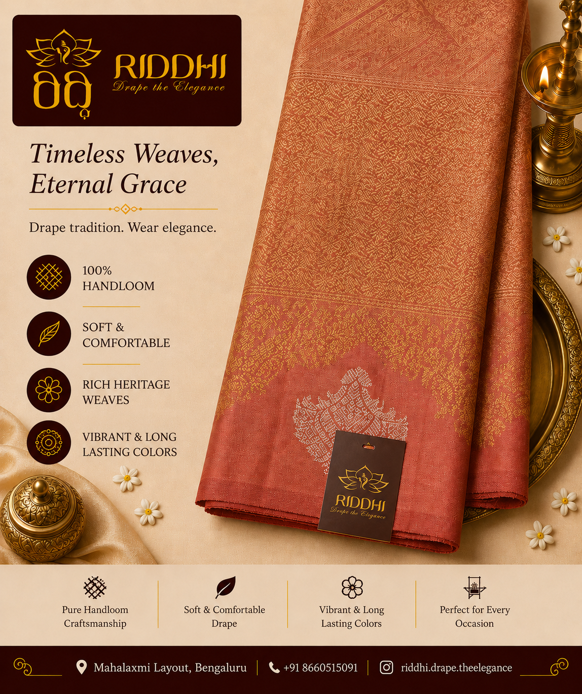 Elegant Handloom Saree Rusty gold orange – Rich Heritage Weave