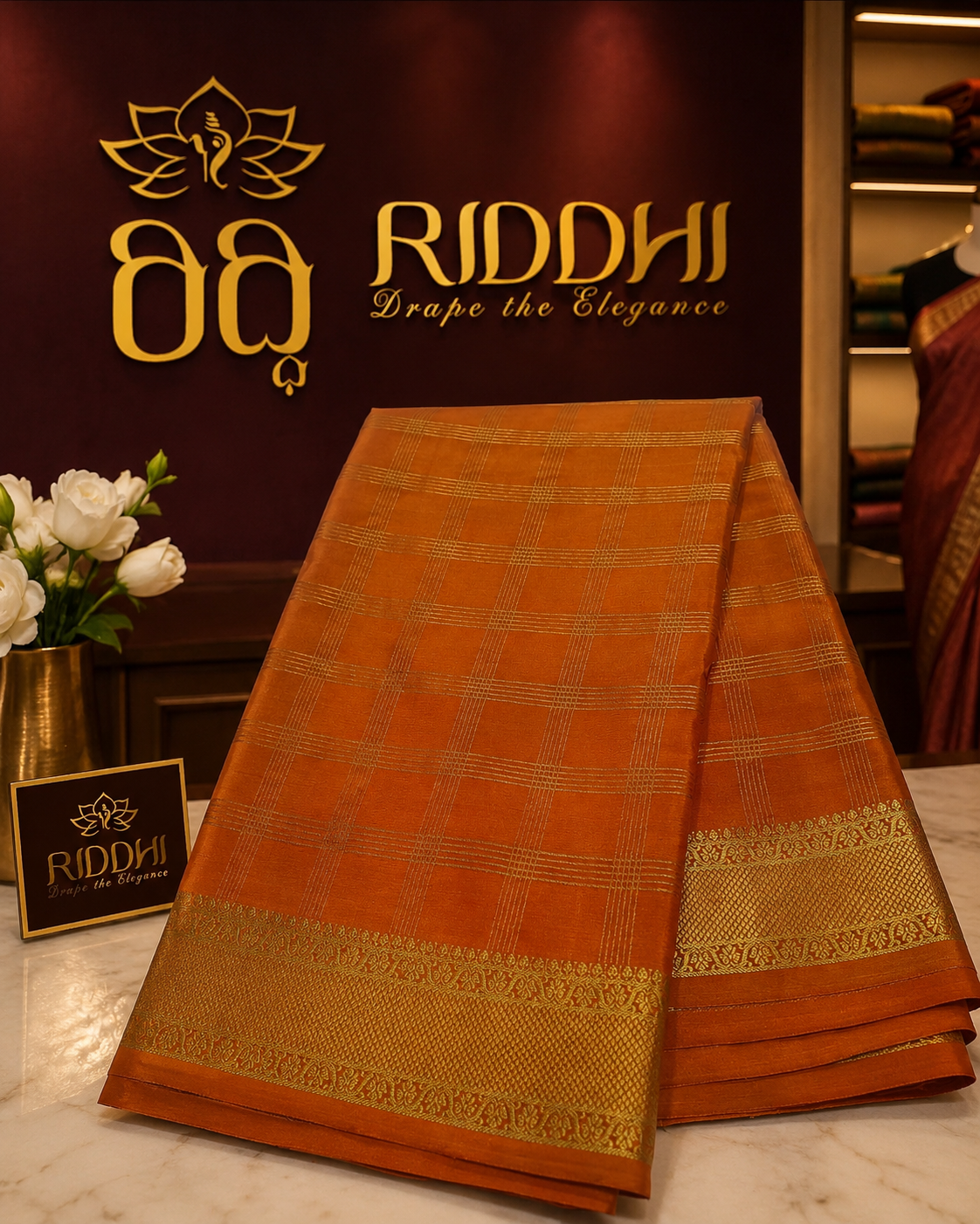Rust Checkered Mysore Silk Saree