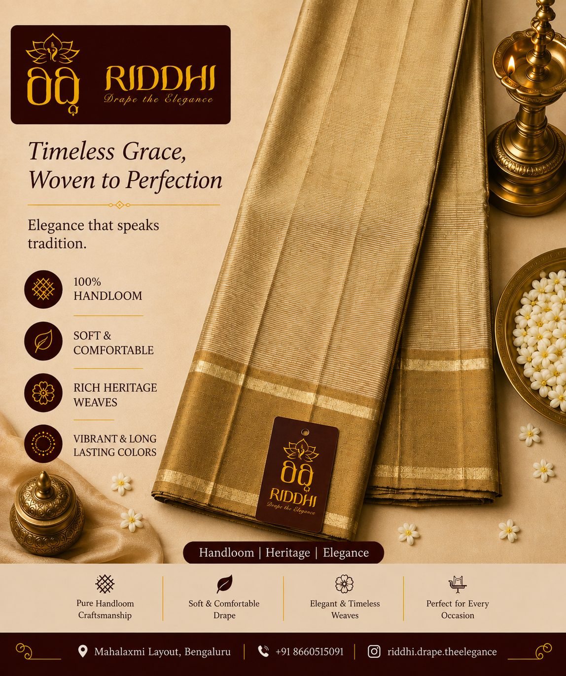A graceful green handloom saree in a rich antique gold-beige / muted bronze shade, featuring a subtle fine-woven textured body and elegant metallic-gold zari borders. The understated sheen gives it a sophisticated, timeless look.