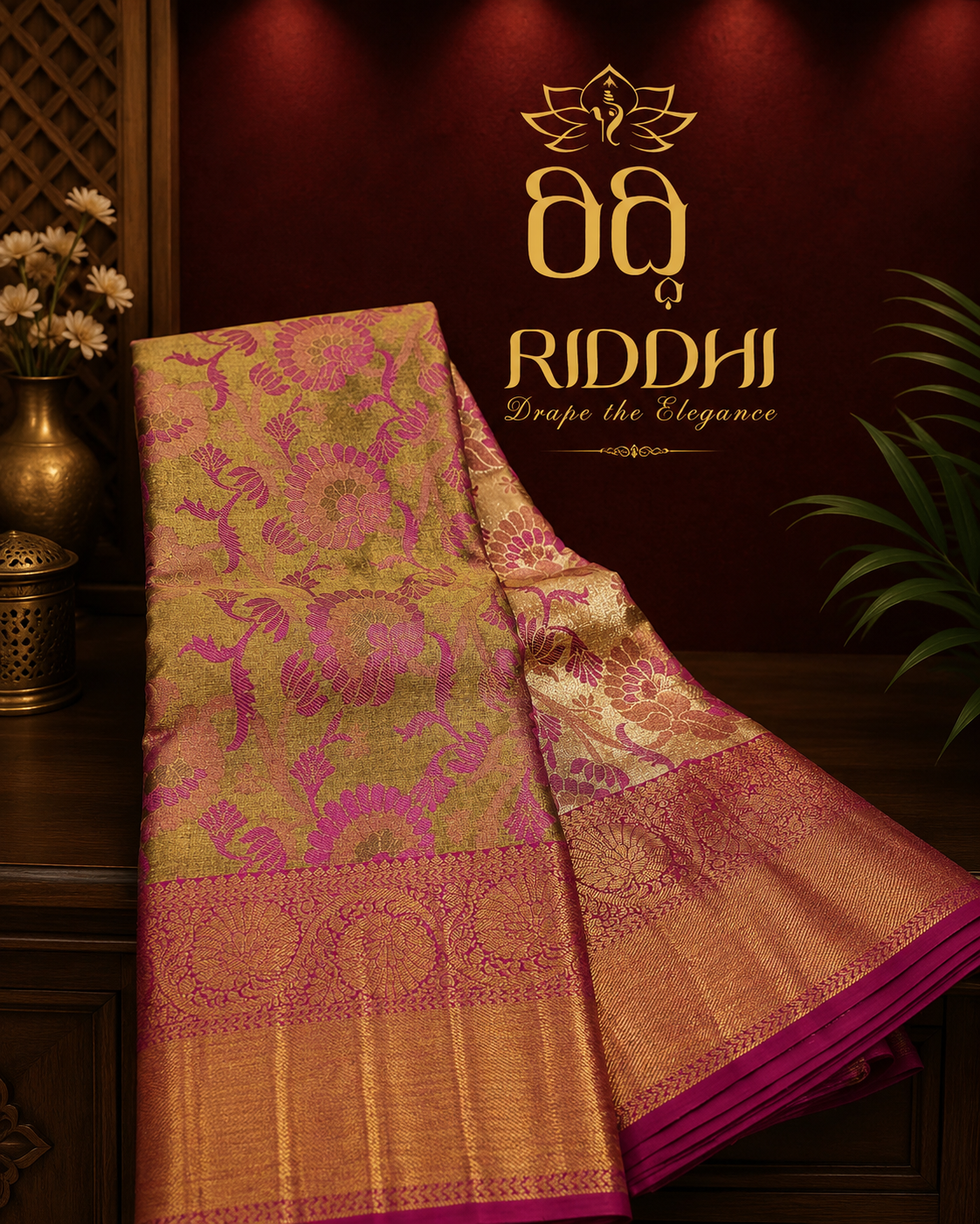 Elegant jancheesilk saree with rich gold zari weaving and vibrant magenta floral detailing for a timeless festive look.