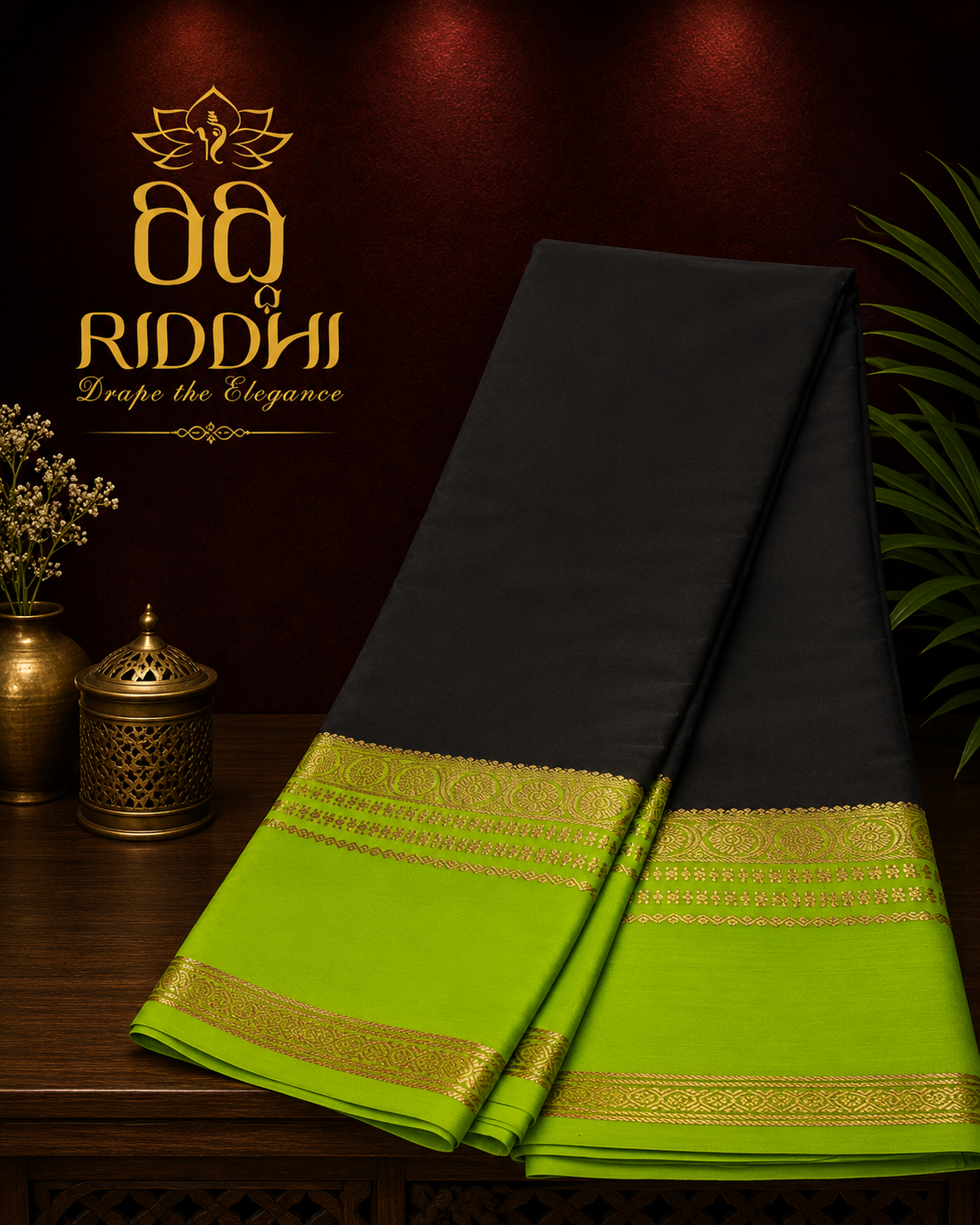 Black & Lime Mysore Silk Saree